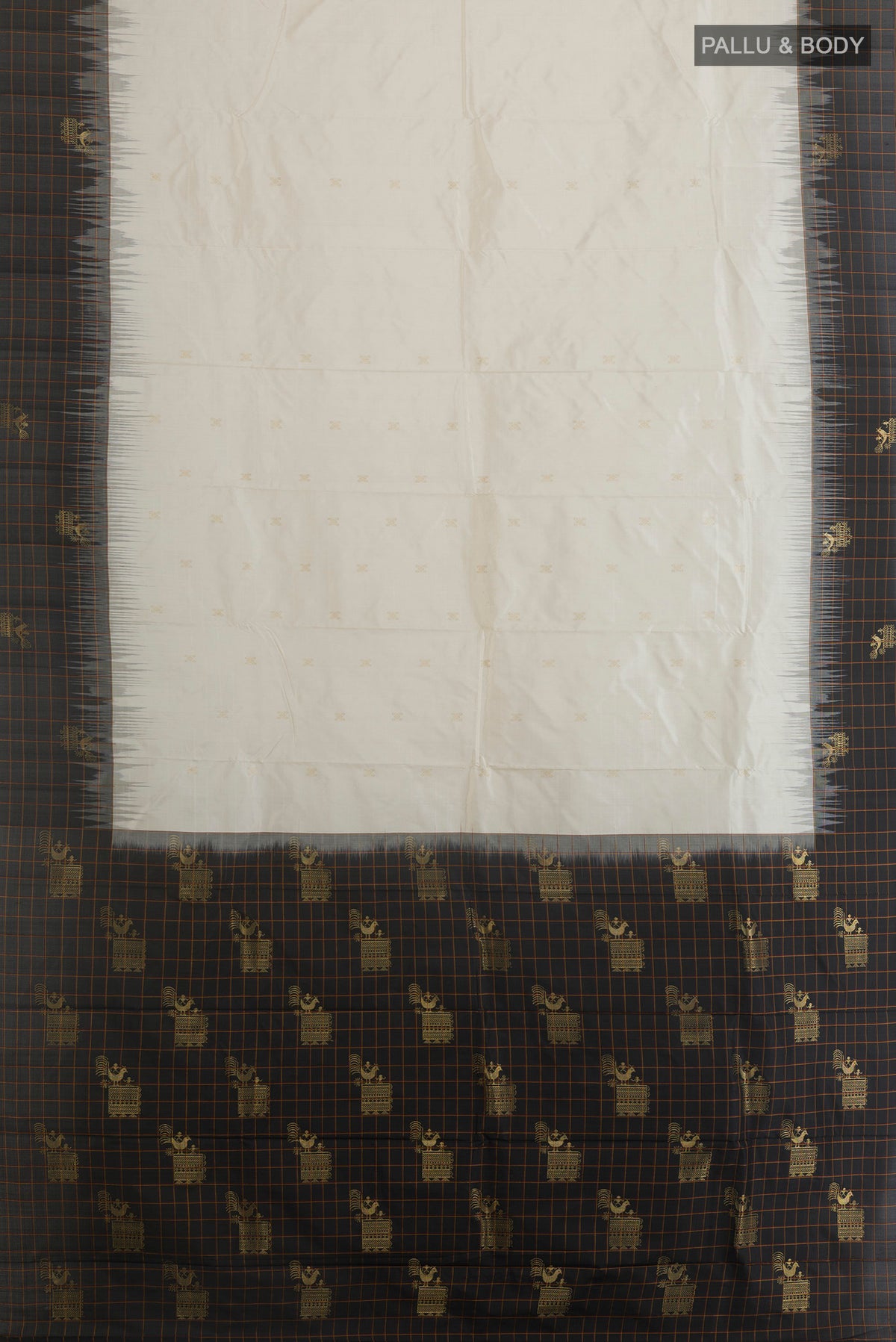 Flat view of Pure Silk Off White Kanchipuram Saree with Zari Butta on the body and Zari Border. 