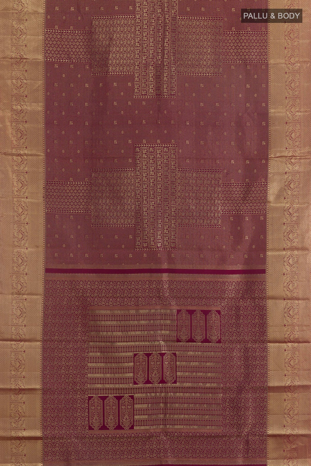 Flat view of Pure Silk Magenta Kanjivaram Saree with Zari Brocade on the body and Zari Border. 