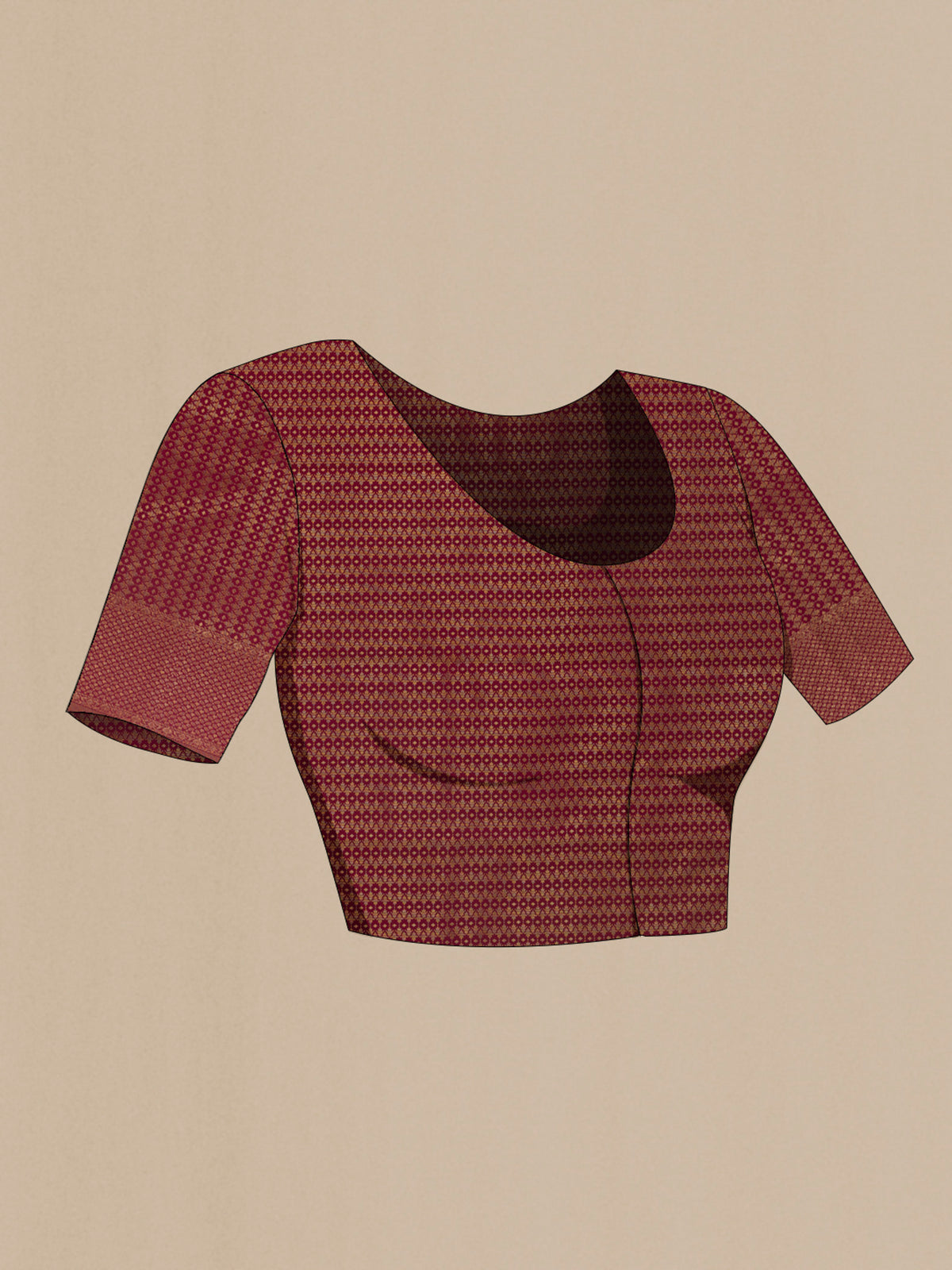 Close up image of the blouse of Pure Silk Maroon Kanjivaram Saree with Zari Brocade on the body and Zari Border. 
