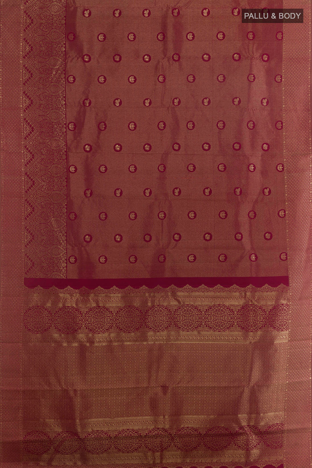 Flat view of Pure Silk Maroon Kanjivaram Saree with Zari Brocade on the body and Zari Border. 
