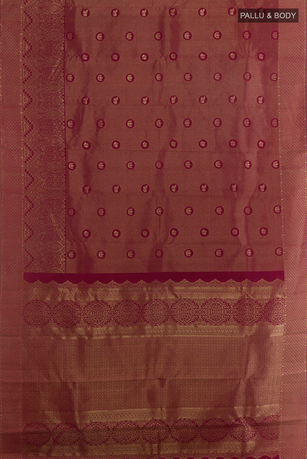 Flat view of Pure Silk Maroon Kanjivaram Saree with Zari Brocade on the body and Zari Border. 