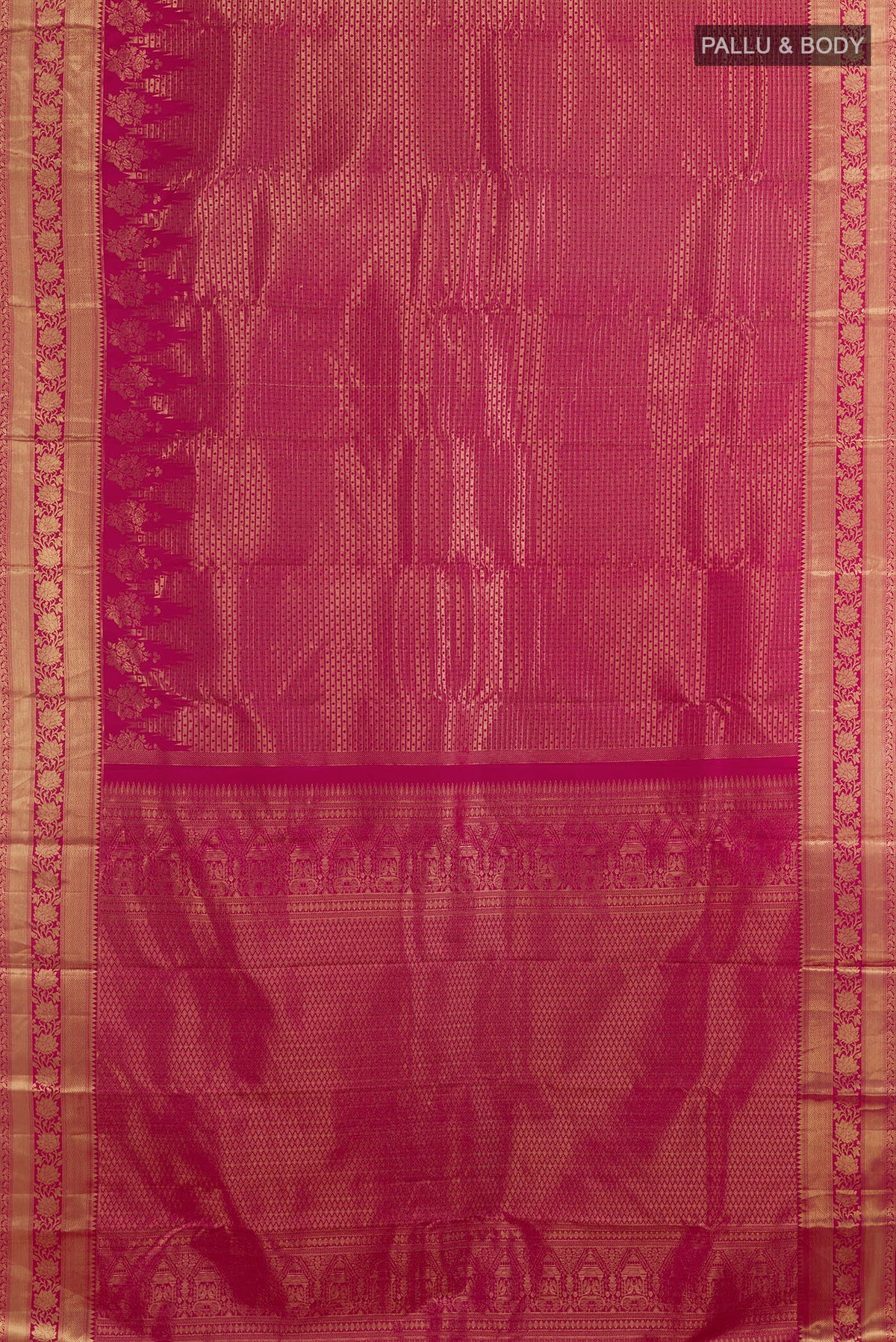 Flat view of Pure Silk Pink Kanjivaram Saree with Zari Brocade on the body and Zari Border. 