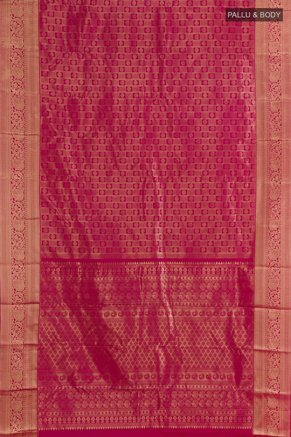 Flat view of Pure Silk Dark Pink Kanjivaram Saree with Zari Brocade on the body and Zari Border. 