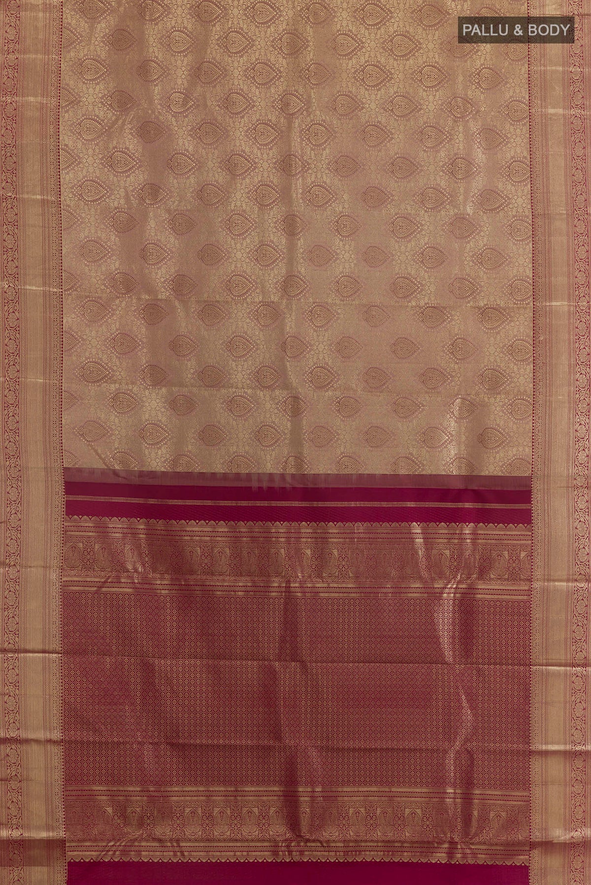 Flat view of Pure Silk Beige Kanjivaram Saree with Zari Brocade on the body and Zari Border. 