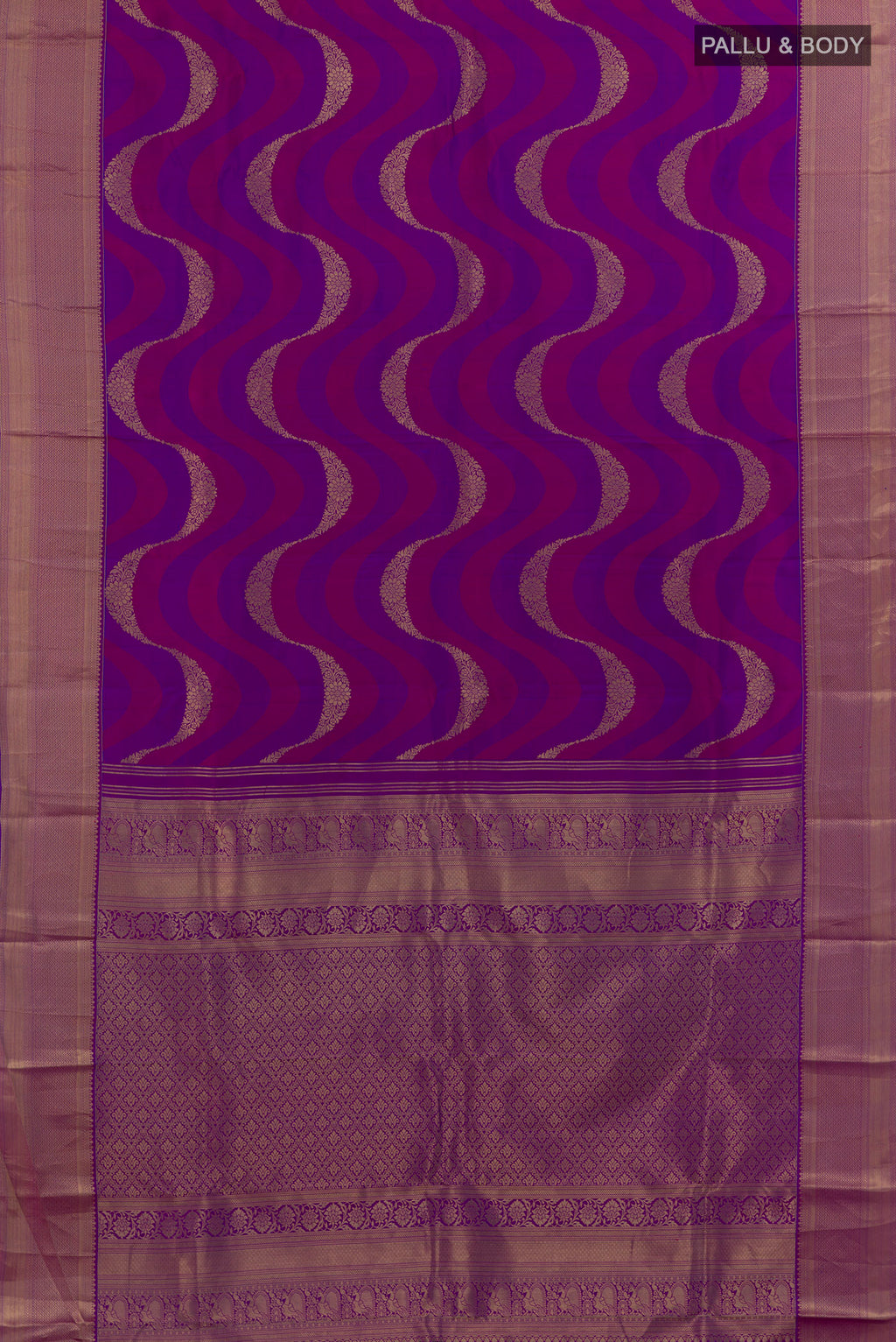 Flat view of Pure Silk Purple Kanchipuram Saree with Fancy on the body and Zari Border. 