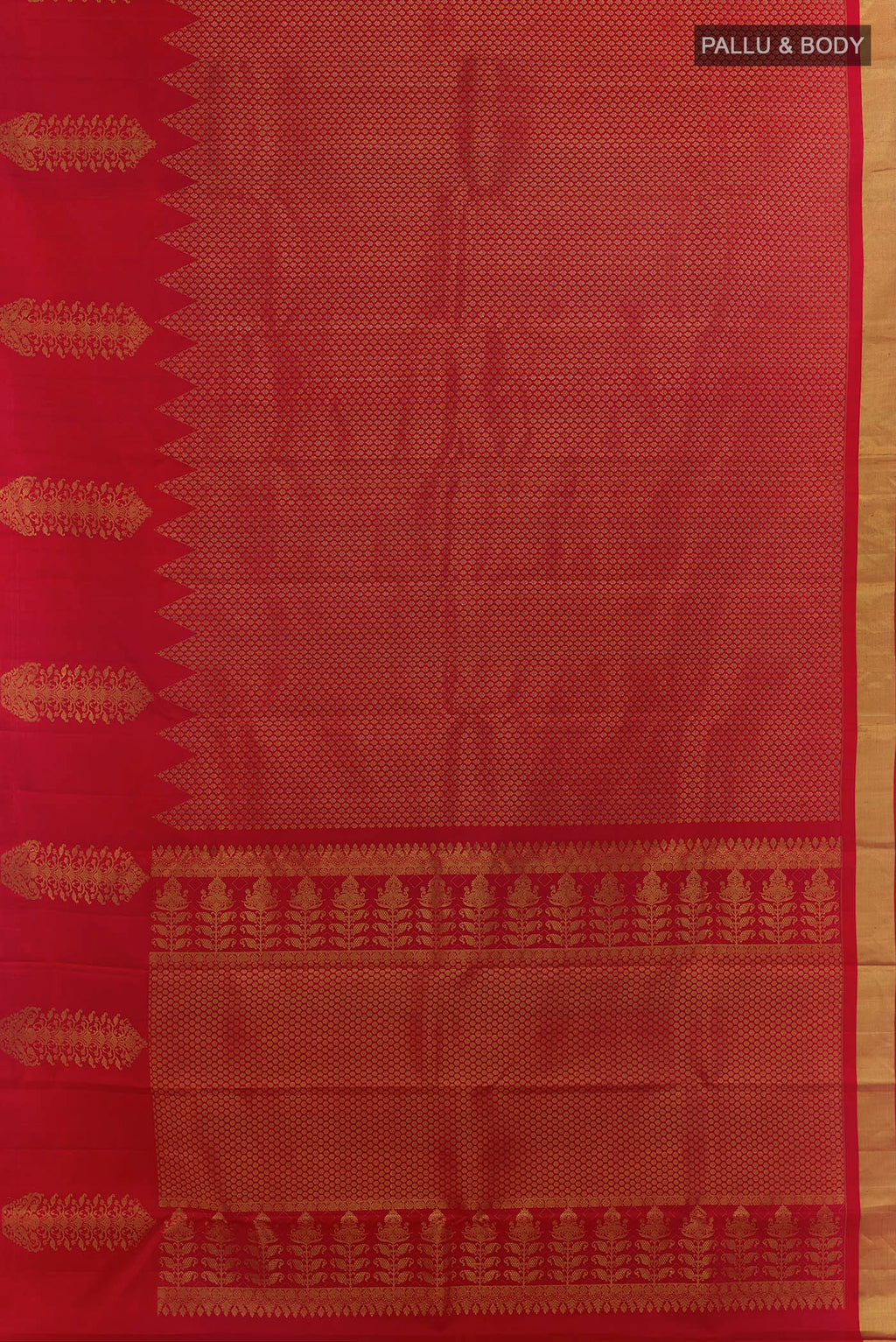 Flat view of Pure Silk Red Kanjivaram Saree with Zari Brocade on the body and Zari Border. 