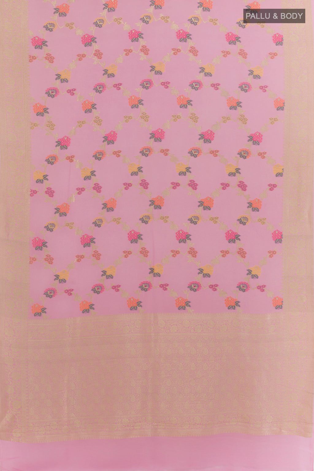 Flat view of Rose pink Banarasi Georgette Saree with Zari Brocade on the body and Zari Border. 
