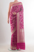 Rani Pink Banarasi Tussar Saree with Zari Brocade on the body and Zari Border.  displayed on a mannequin