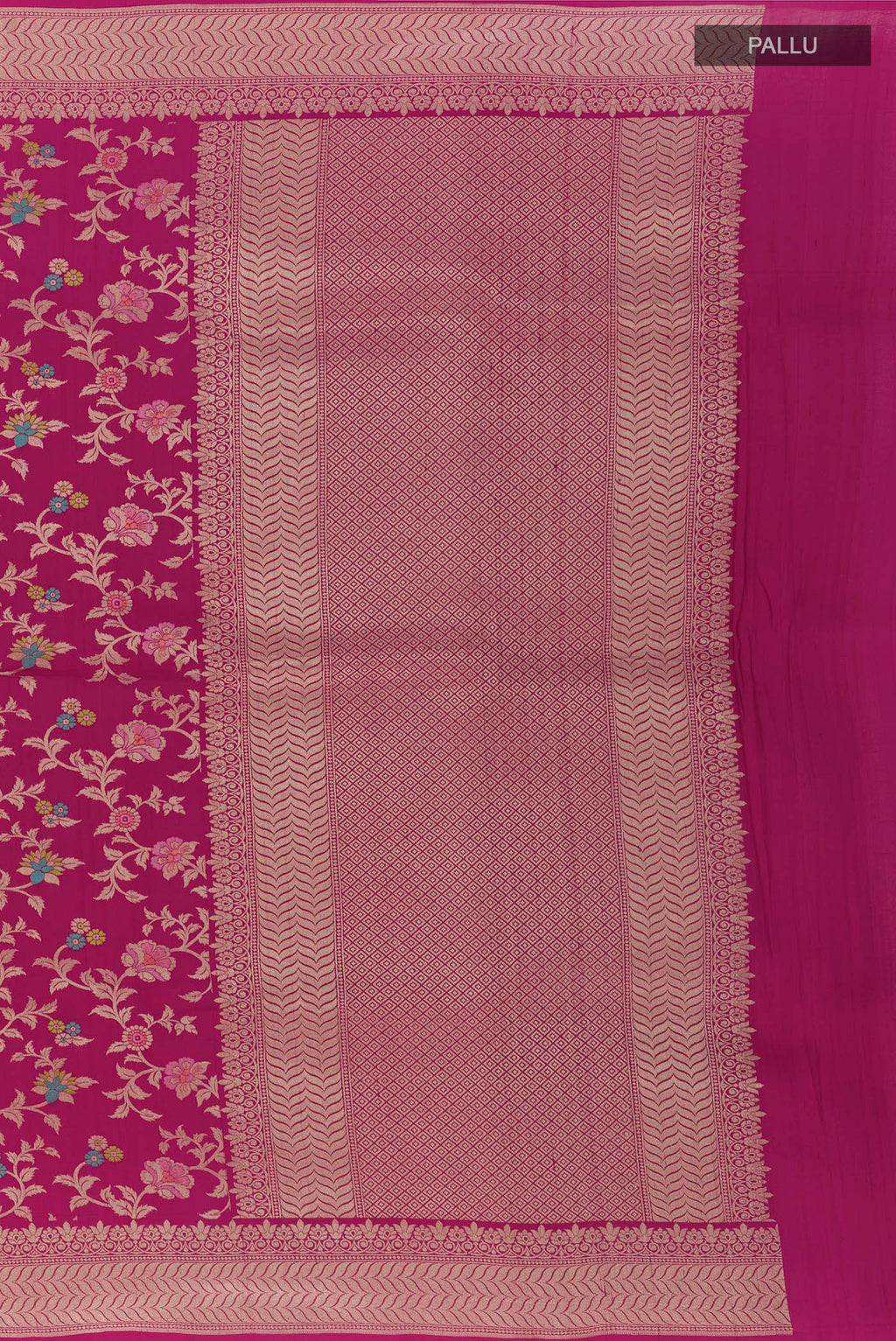 Close up image of the pallu of Rani Pink Banarasi Tussar Saree with Zari Brocade on the body and Zari Border. 