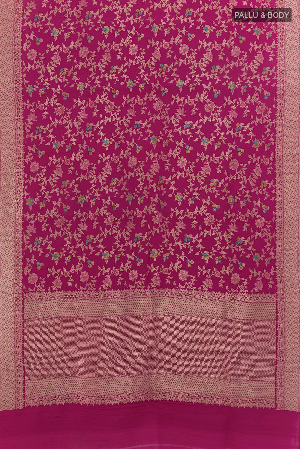 Flat view of Rani Pink Banarasi Tussar Saree with Zari Brocade on the body and Zari Border. 