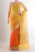 Pure Silk Multi Color Banarasi Kora Saree with Zari Butta on the body and Zari Border.  displayed on a mannequin