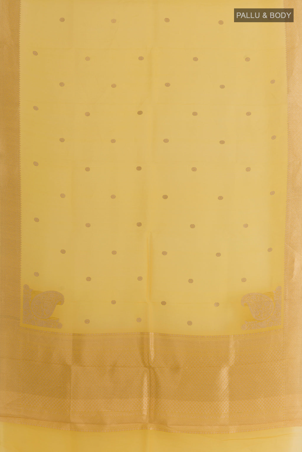 Flat view of Pure Silk Multi Color Banarasi Kora Saree with Zari Butta on the body and Zari Border. 