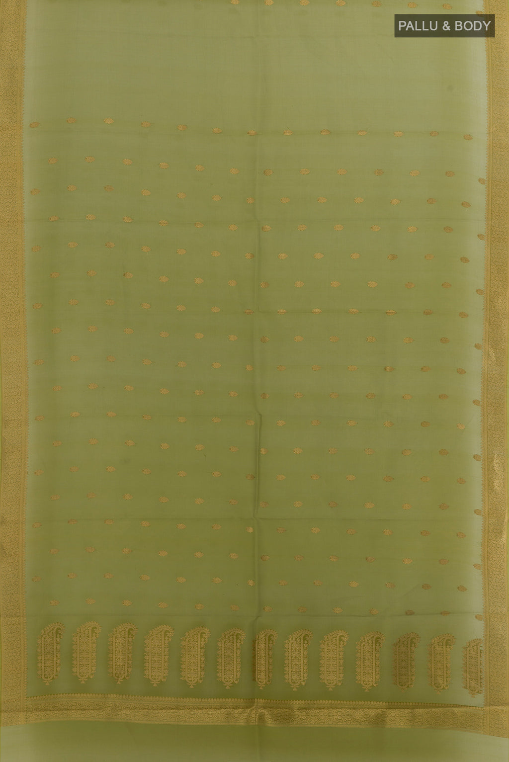 Flat view of Pure Silk Multi Color Banarasi Kora Saree with Zari Butta on the body and Zari Border. 