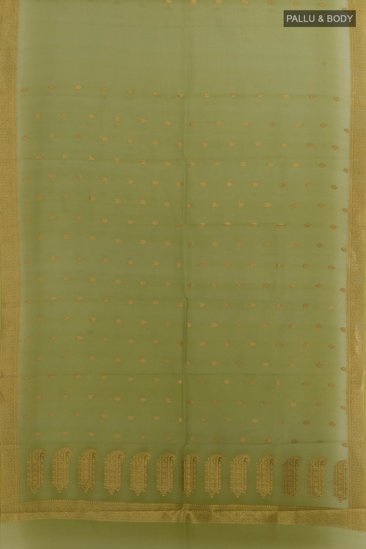Flat view of Pure Silk Multi Color Banarasi Kora Saree with Zari Butta on the body and Zari Border. 