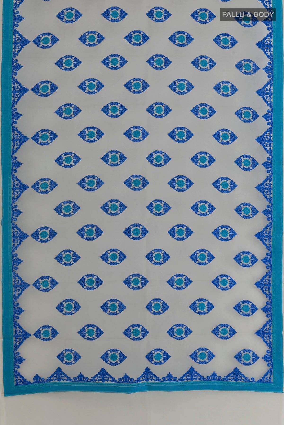 Flat view of Pure Silk Off White Banarasi Kora Saree with Embroidered on the body and Thread Border. 