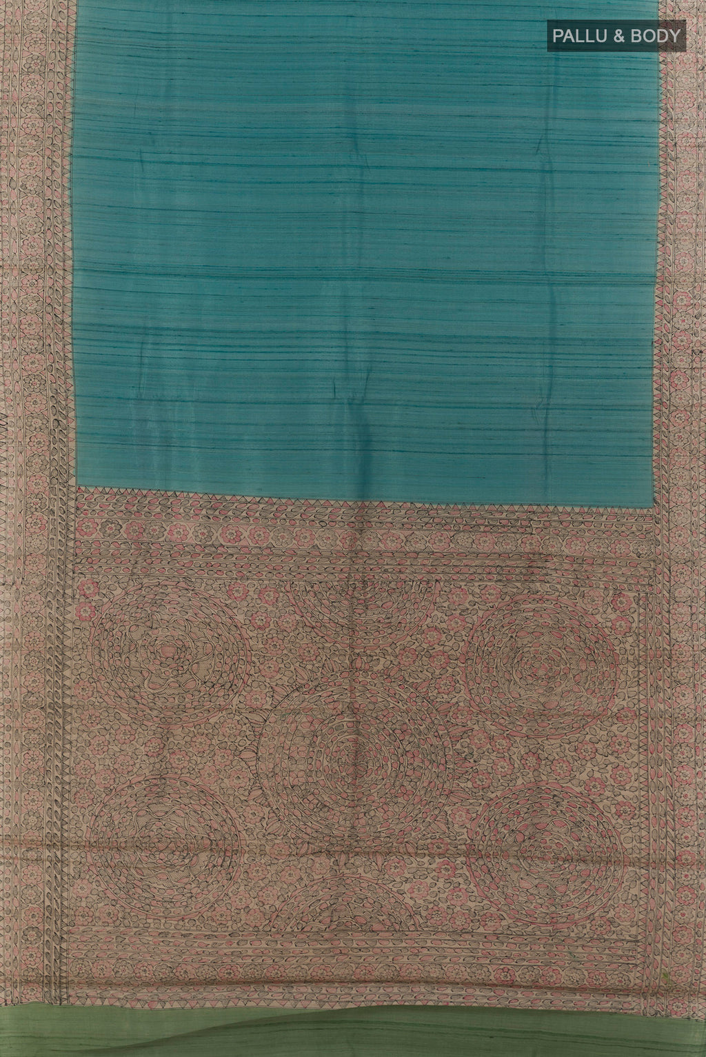 Flat view of Turquoise Tussar Saree with Plain Body and Printed Border. 