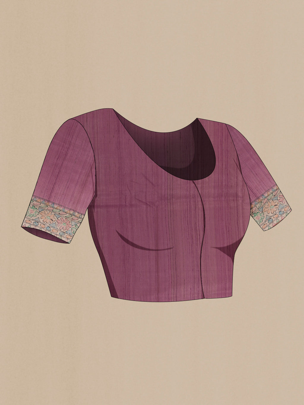 Close up image of the blouse of Rose Gold Tussar Saree with Plain Body and Printed Border. 