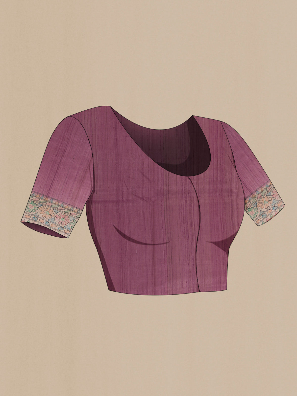 Close up image of the blouse of Rose Gold Tussar Saree with Plain Body and Printed Border. 