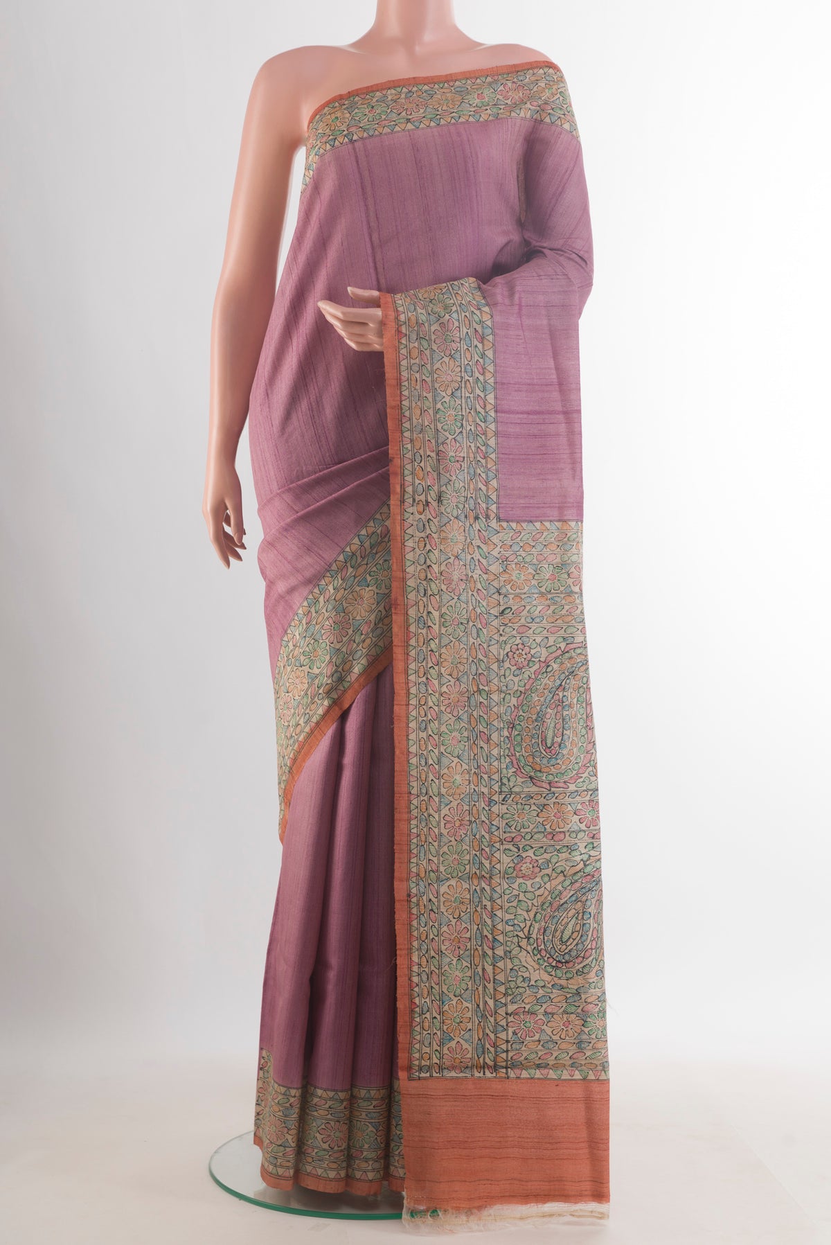 Rose Gold Tussar Saree with Plain Body and Printed Border.  displayed on a mannequin