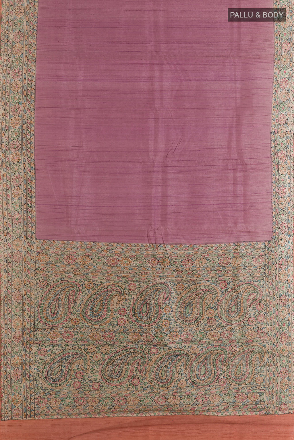 Flat view of Rose Gold Tussar Saree with Plain Body and Printed Border. 