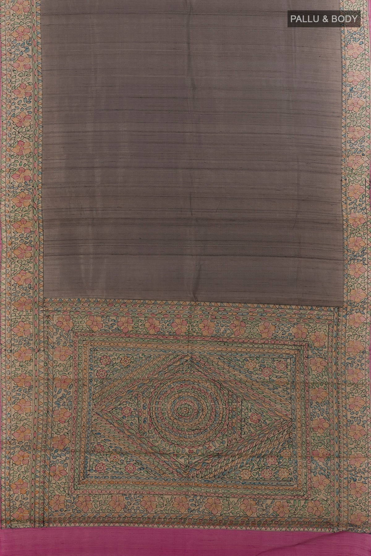 Flat view of Grey Tussar Saree with Plain Body and Printed Border. 