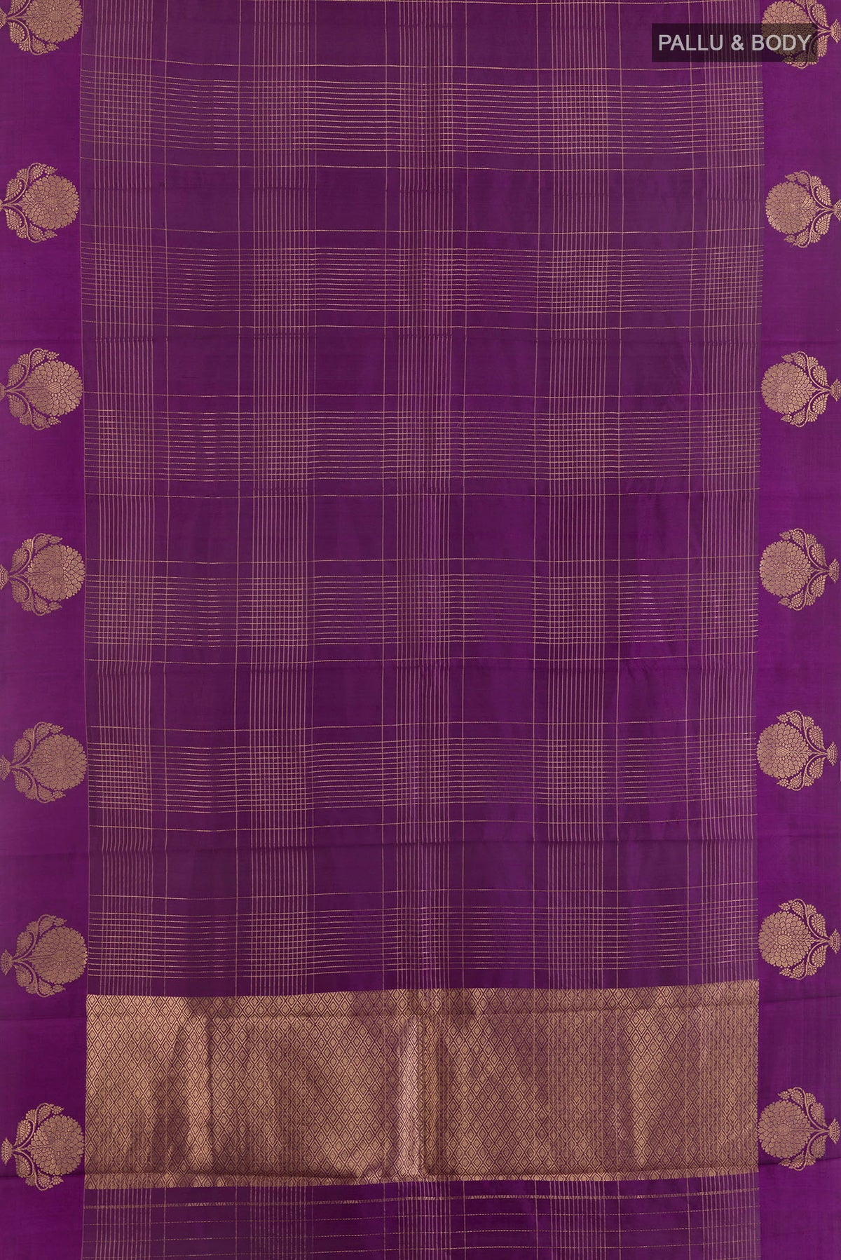 Flat view of Pure Silk Purple Banarasi Saree with Checked design on the body and Zari Border. 