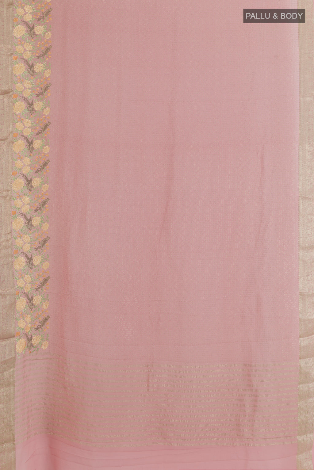 Flat view of Rose Gold Mysore Georgette Saree with Checked design on the body and Embroidered Border. 
