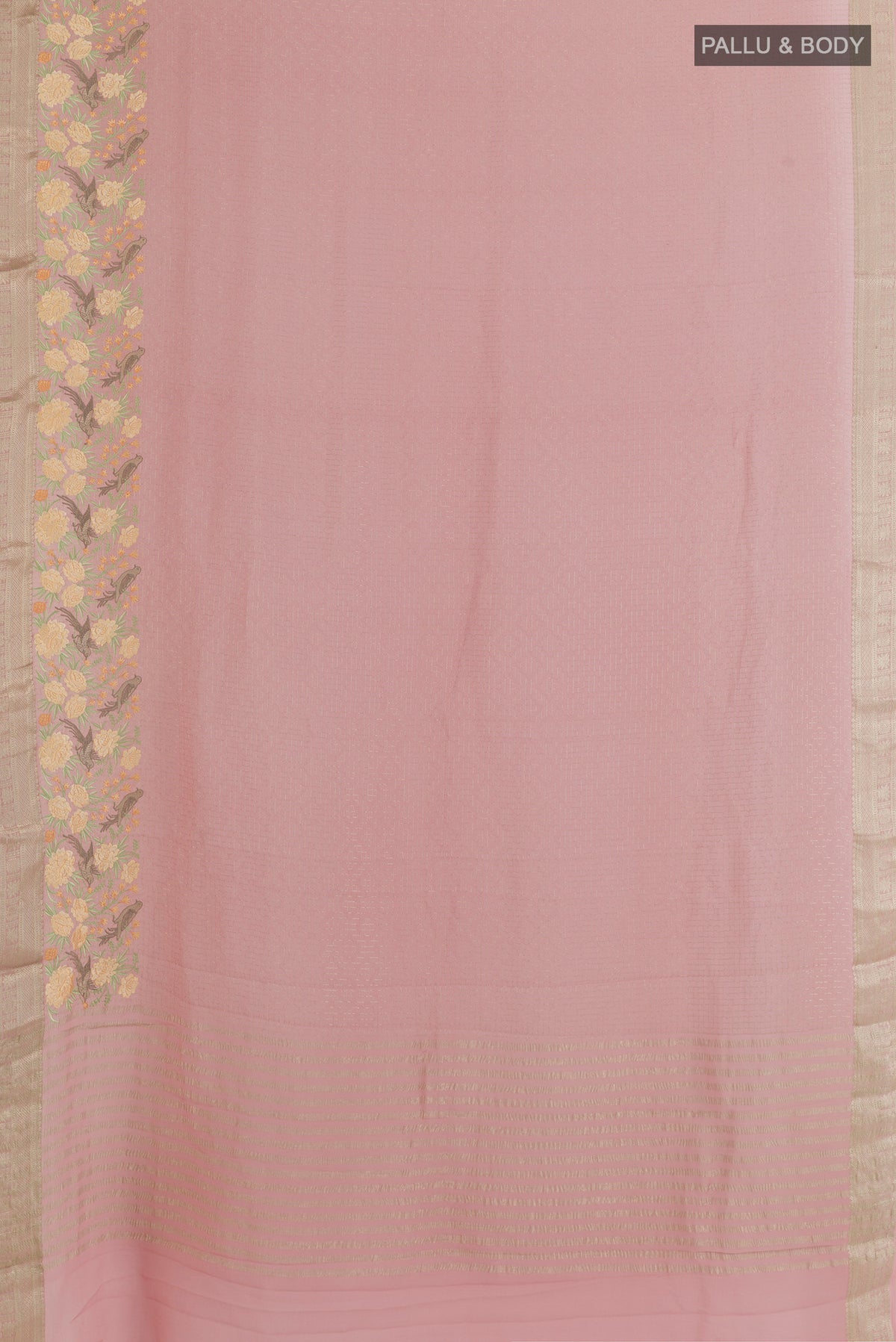 Flat view of Rose Gold Mysore Georgette Saree with Checked design on the body and Embroidered Border. 