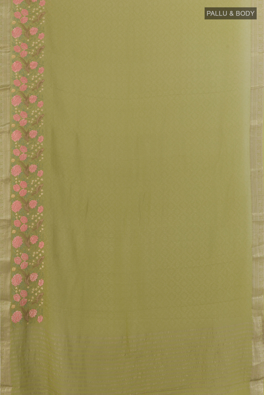 Flat view of Green Mysore Georgette Saree with Checked design on the body and Embroidered Border. 