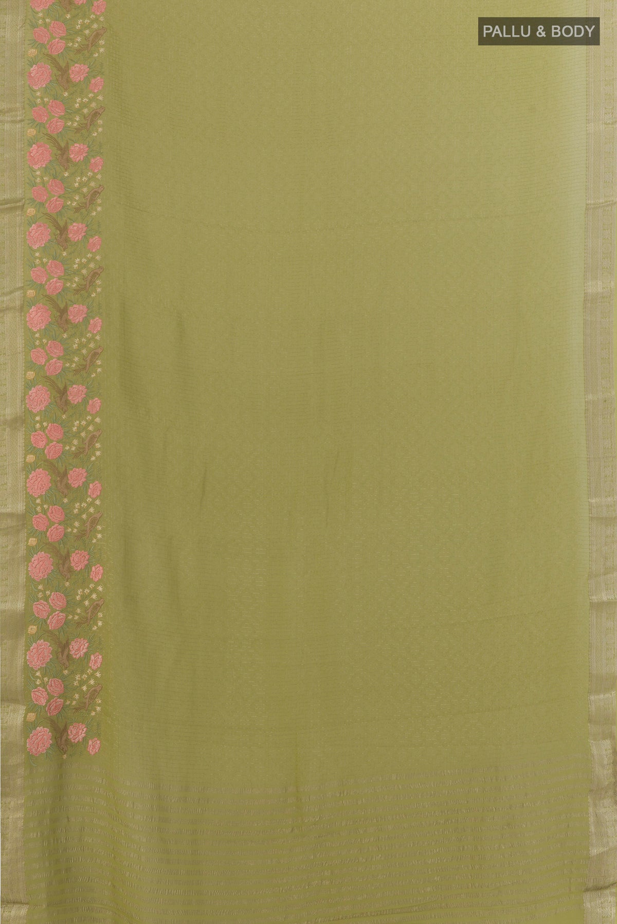 Flat view of Green Mysore Georgette Saree with Checked design on the body and Embroidered Border. 