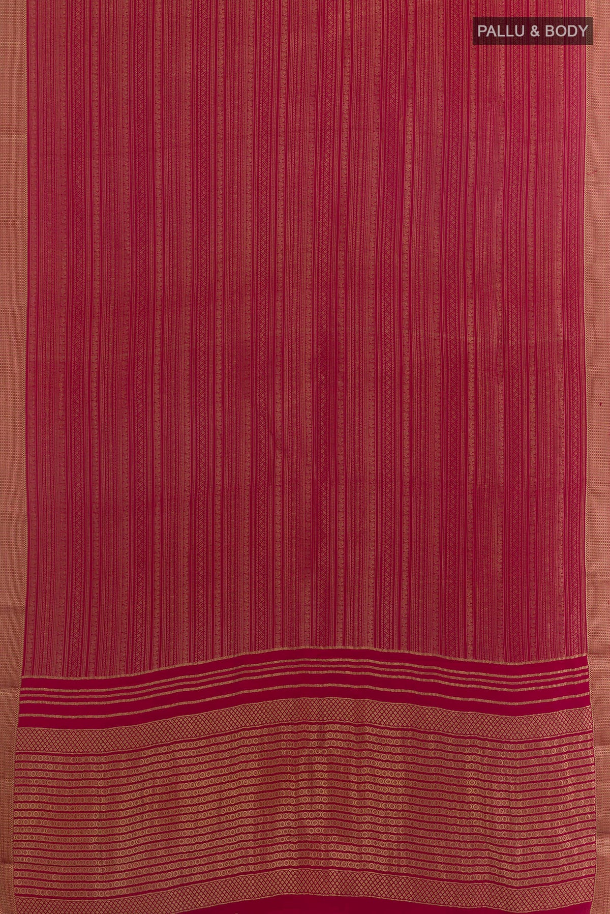 Flat view of Deep Red Mysore Crepe Saree with Zari Brocade on the body and Zari Border. 