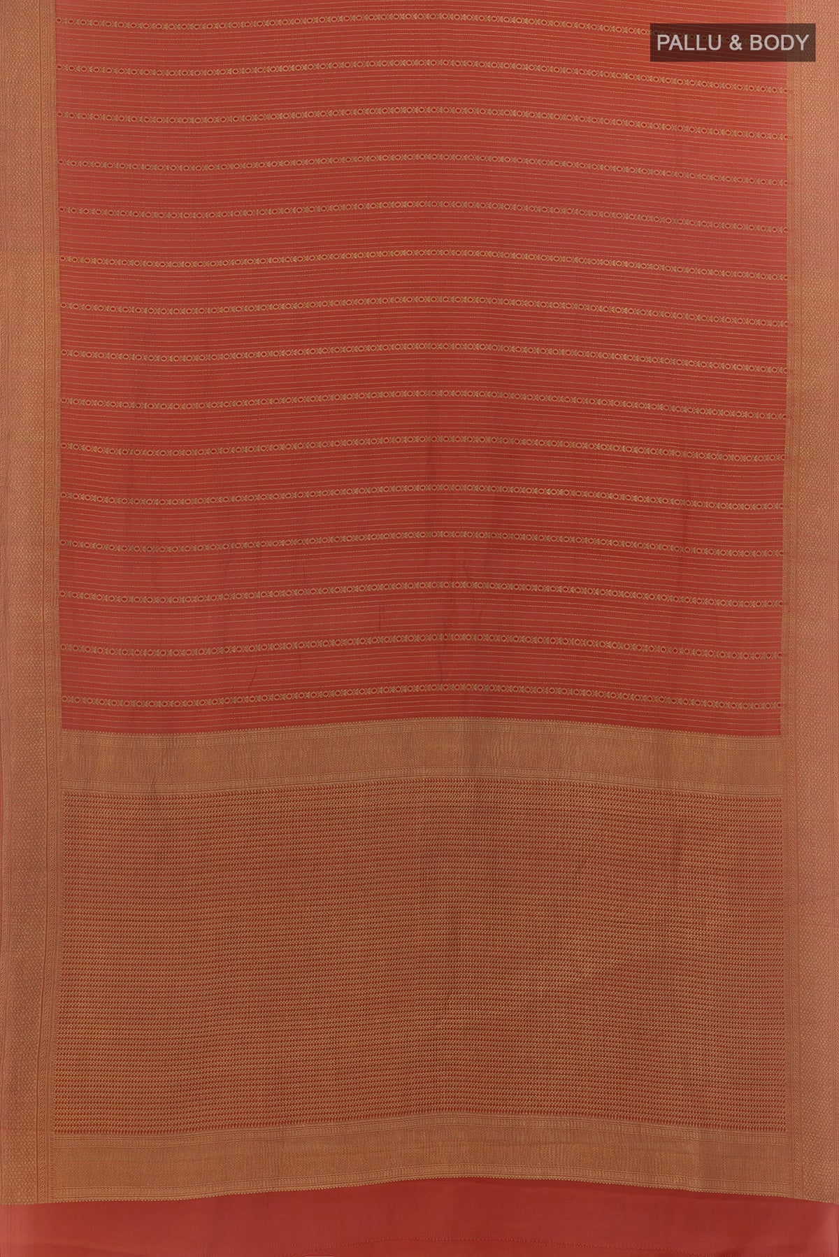 Flat view of Orange Mysore Crepe Saree with Stripes on the body and Zari Border. 