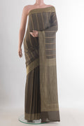 Davys Grey Mysore Crepe Saree with Stripes on the body and Zari Border.  displayed on a mannequin