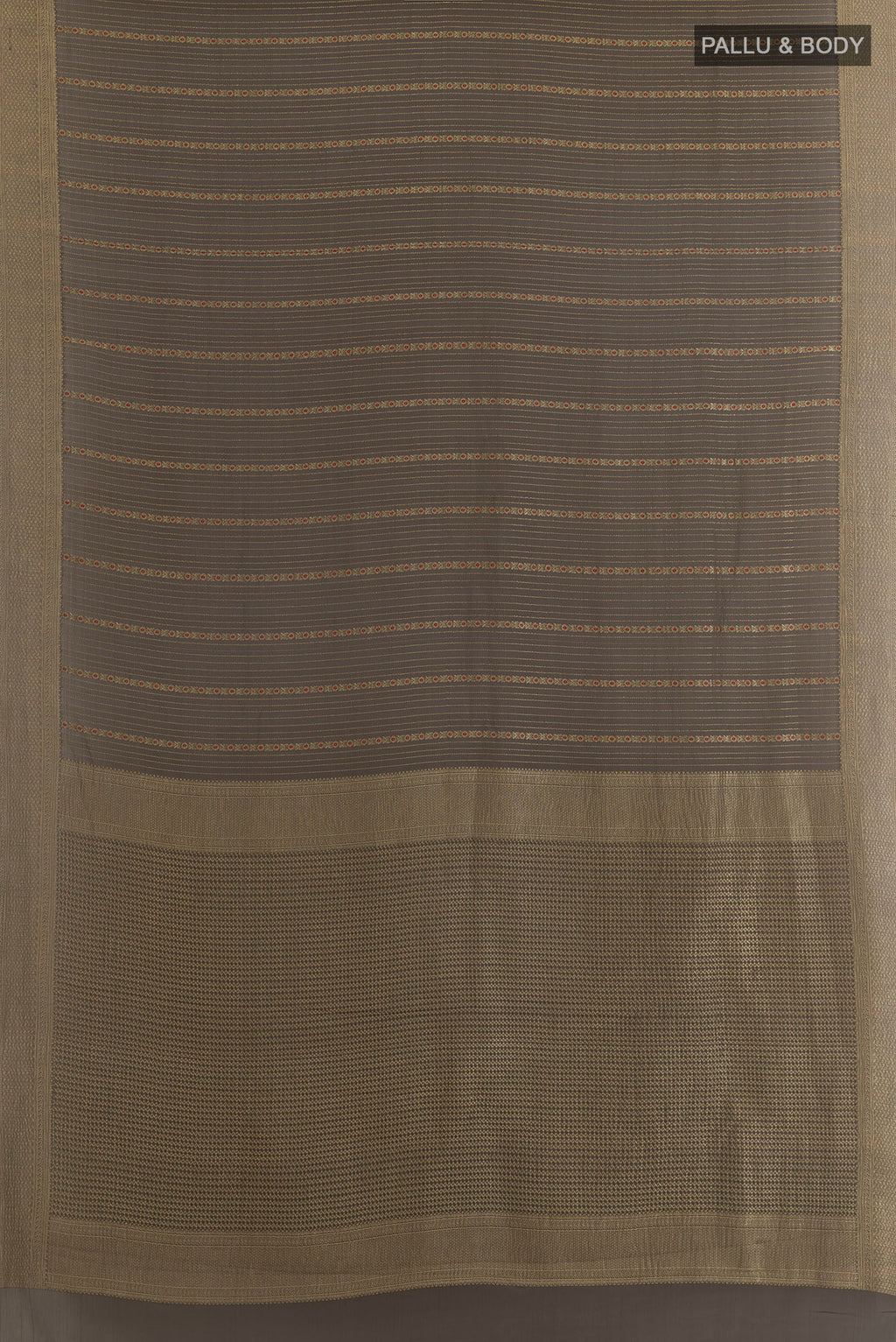 Flat view of Davys Grey Mysore Crepe Saree with Stripes on the body and Zari Border. 