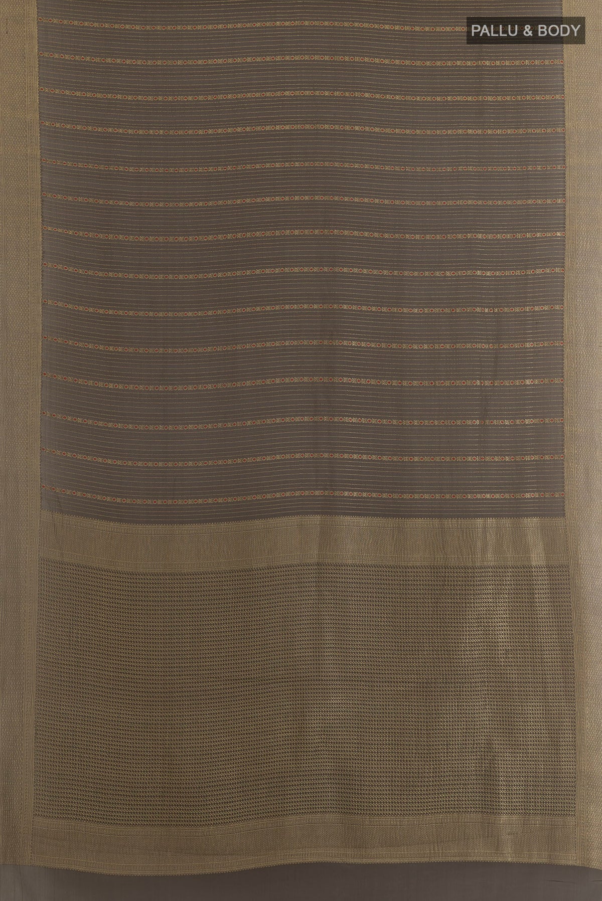 Flat view of Davys Grey Mysore Crepe Saree with Stripes on the body and Zari Border. 