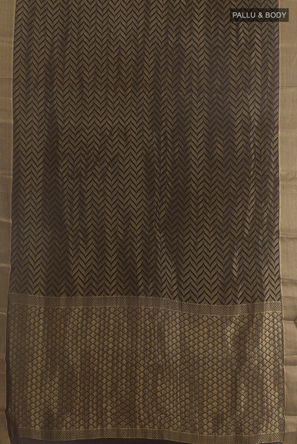 Flat view of Brown Mysore Crepe Saree with Zari Brocade on the body and Zari Border. 