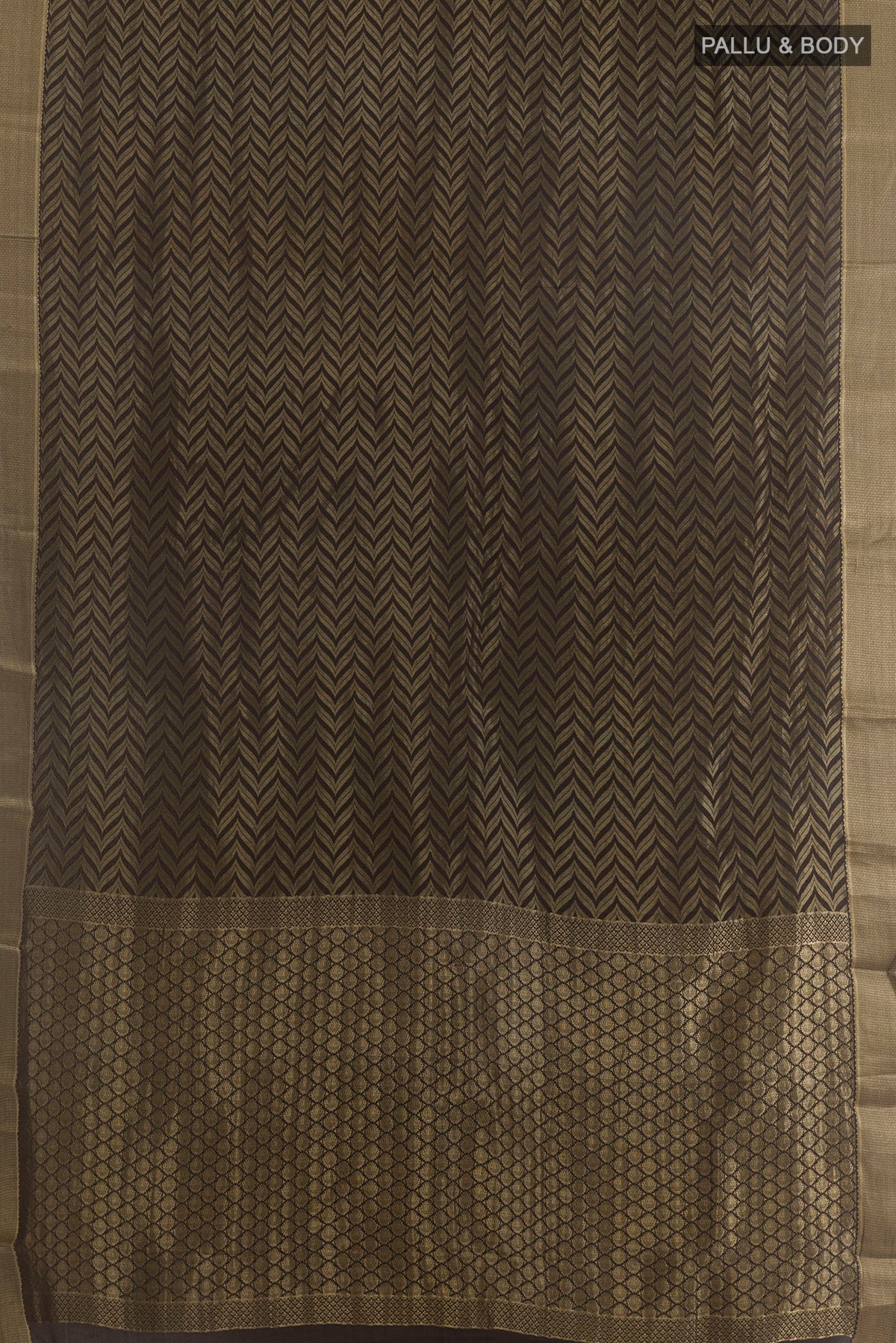 Flat view of Brown Mysore Crepe Saree with Zari Brocade on the body and Zari Border. 