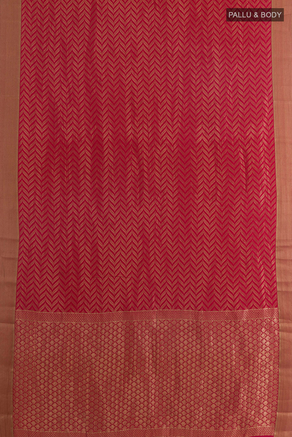 Flat view of Red Mysore Crepe Saree with Zari Brocade on the body and Zari Border. 