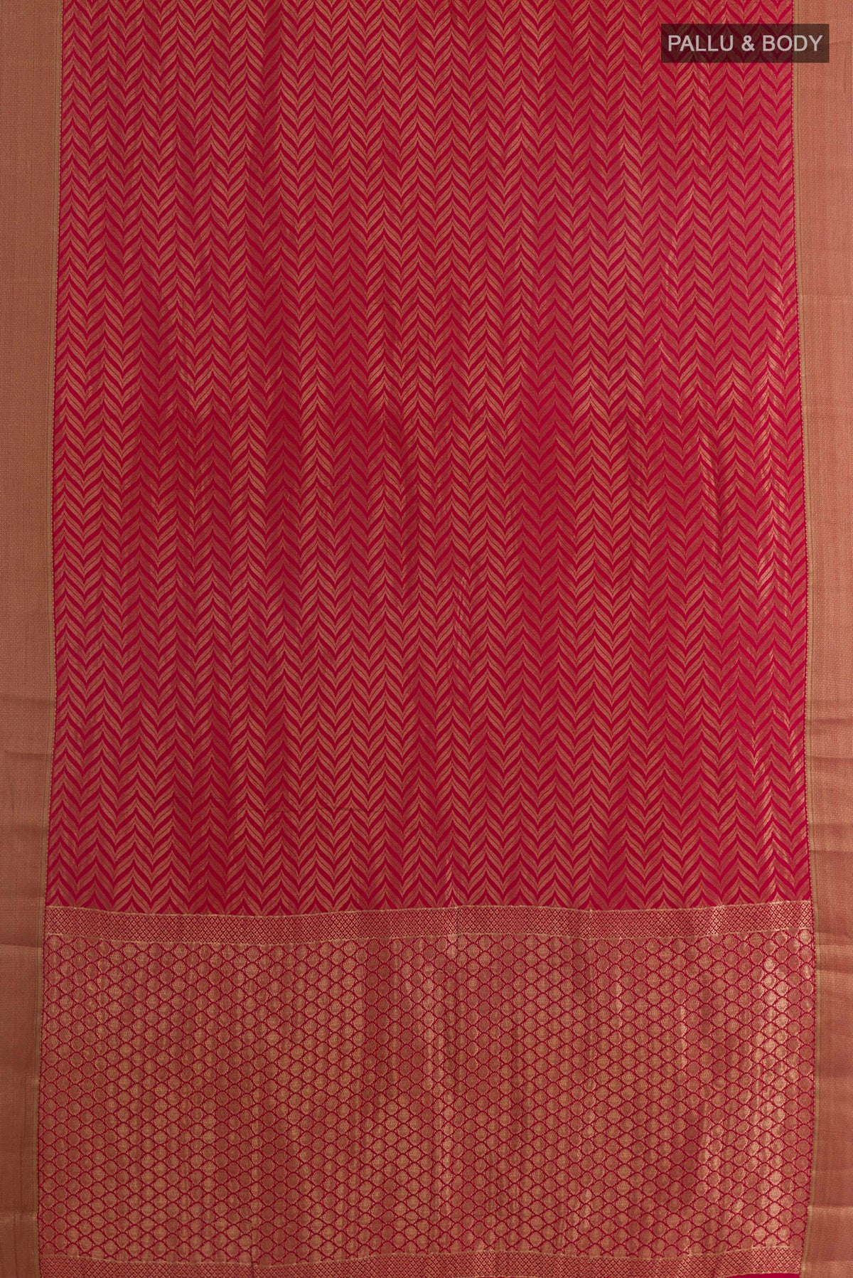 Flat view of Red Mysore Crepe Saree with Zari Brocade on the body and Zari Border. 