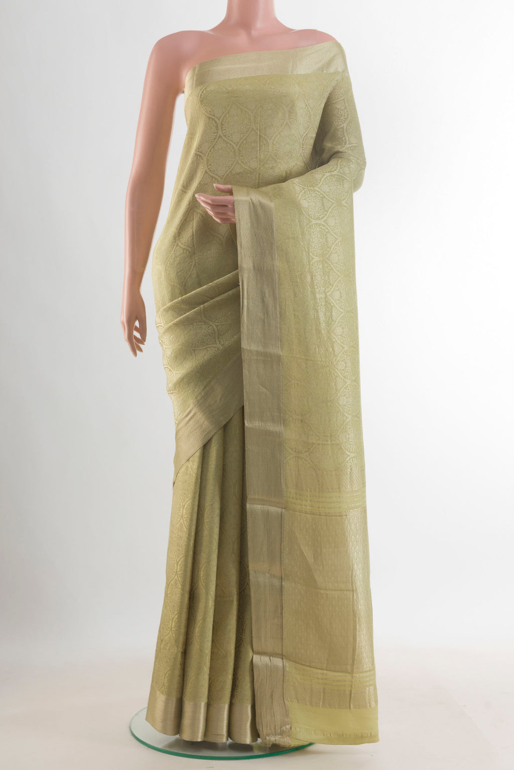 Lemon Yellow Mysore Crepe Saree with Zari Brocade on the body and Zari Border.  displayed on a mannequin