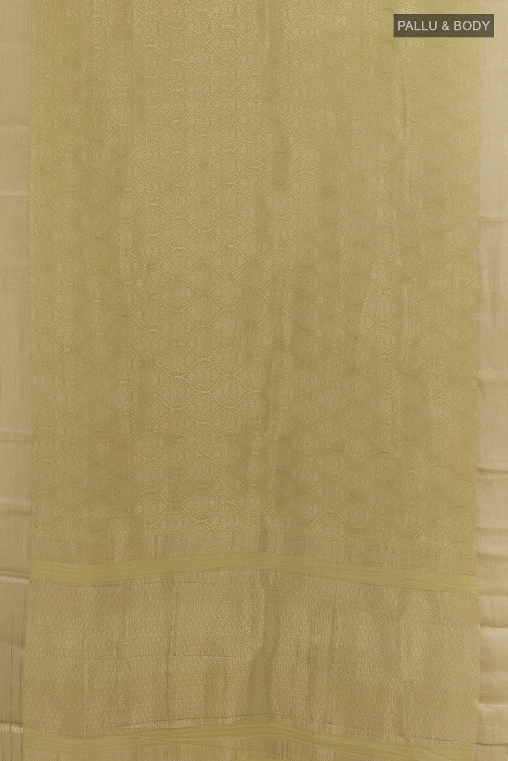 Flat view of Lemon Yellow Mysore Crepe Saree with Zari Brocade on the body and Zari Border. 