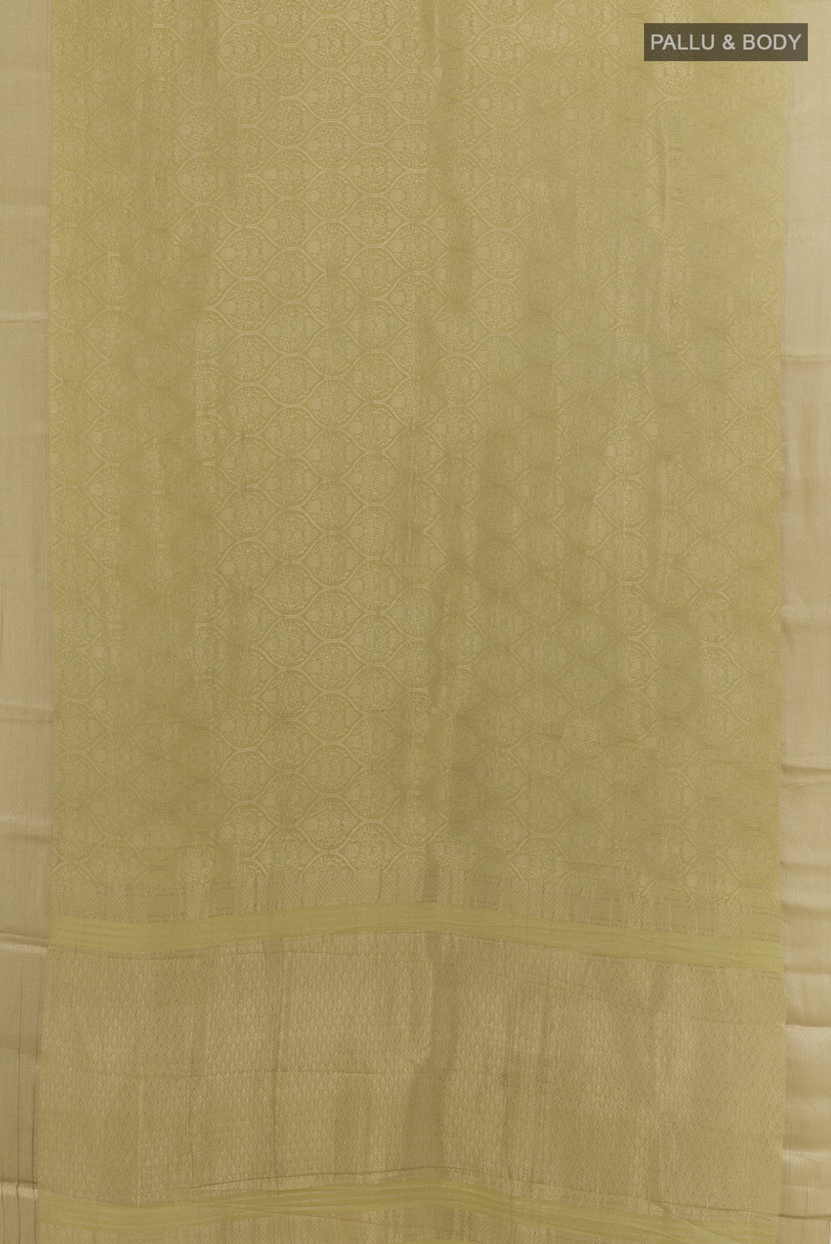 Flat view of Lemon Yellow Mysore Crepe Saree with Zari Brocade on the body and Zari Border. 