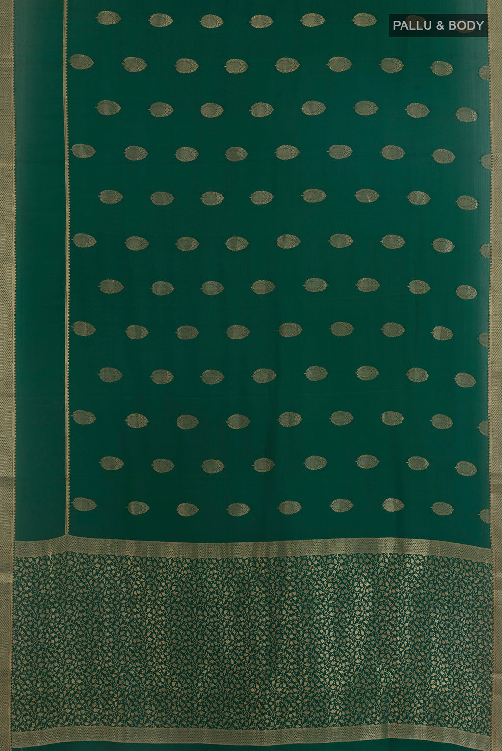 Flat view of Green Mysore Crepe Saree with Zari Butta on the body and Zari Border. 