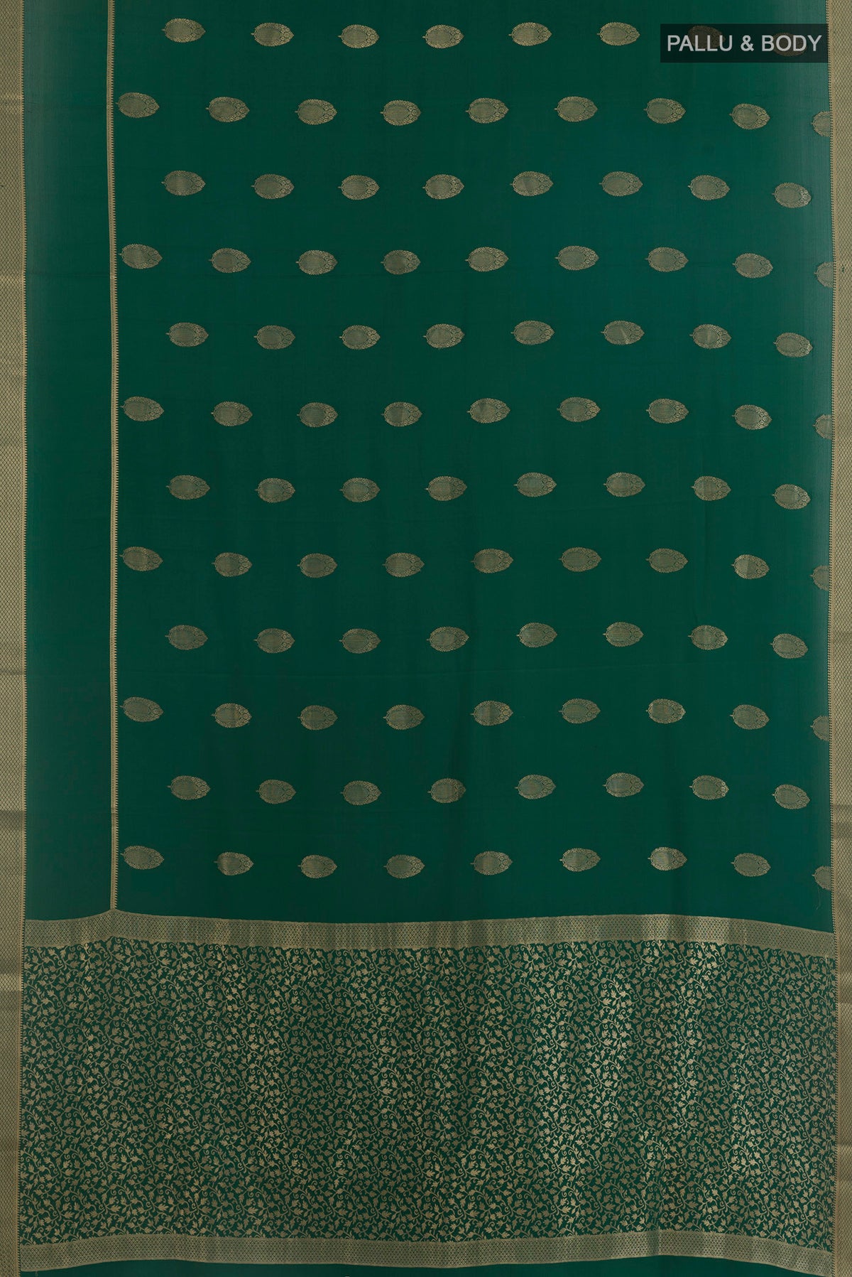 Flat view of Green Mysore Crepe Saree with Zari Butta on the body and Zari Border. 