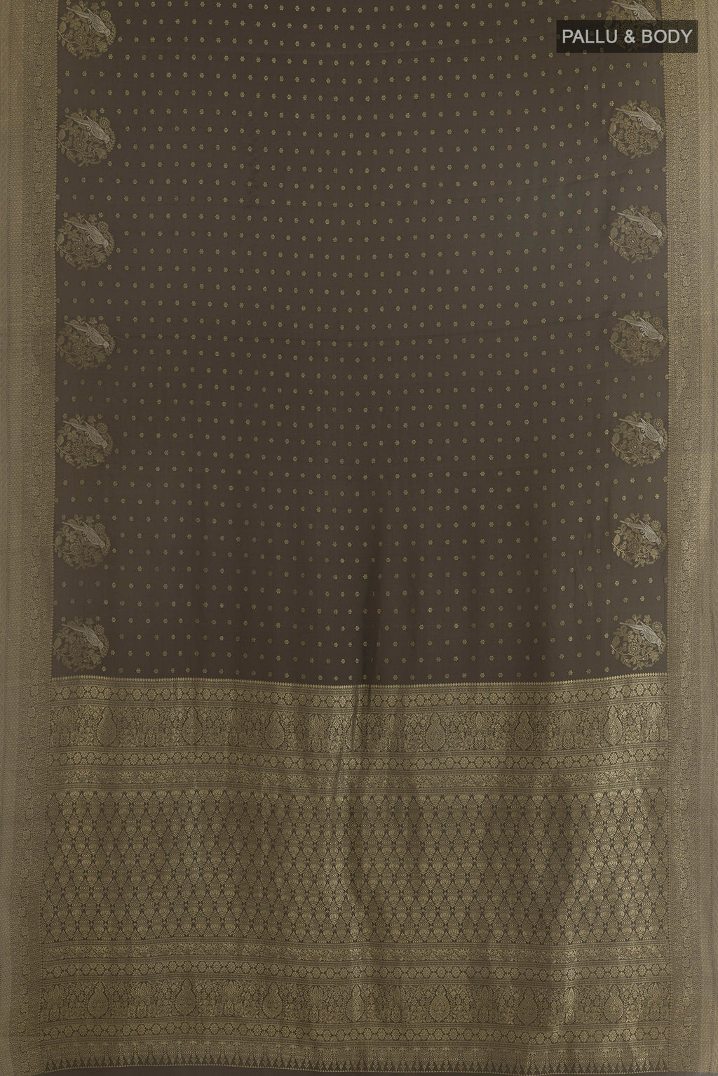 Flat view of Mehandi Green Mysore Crepe Saree with Zari Butta on the body and Zari Border. 
