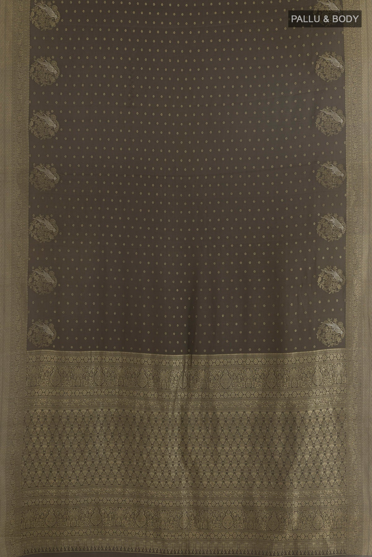 Flat view of Mehandi Green Mysore Crepe Saree with Zari Butta on the body and Zari Border. 