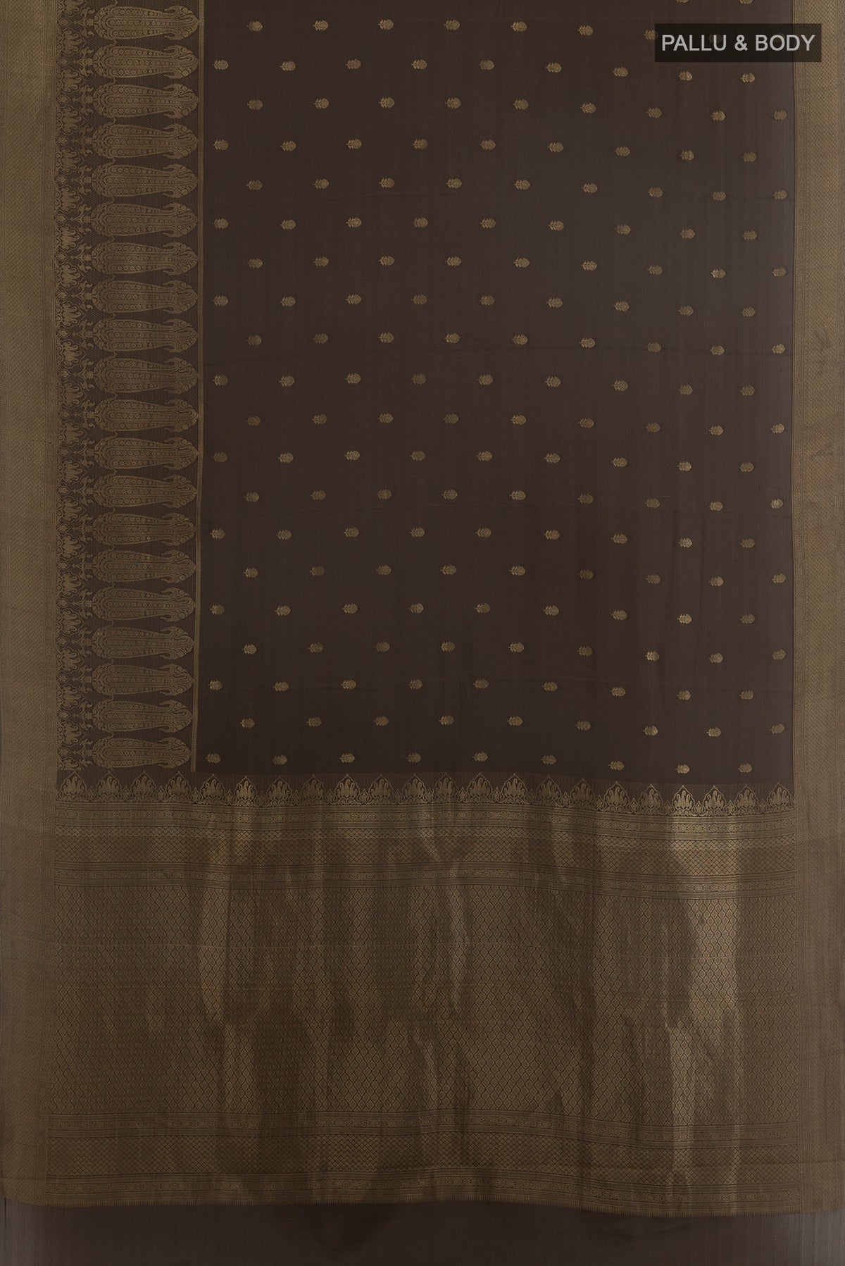 Flat view of Mehandi Green Mysore Crepe Saree with Zari Butta on the body and Zari Border. 