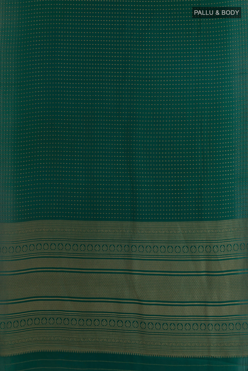 Flat view of Green Mysore Crepe Saree with Zari Butta on the body and Without Border. 