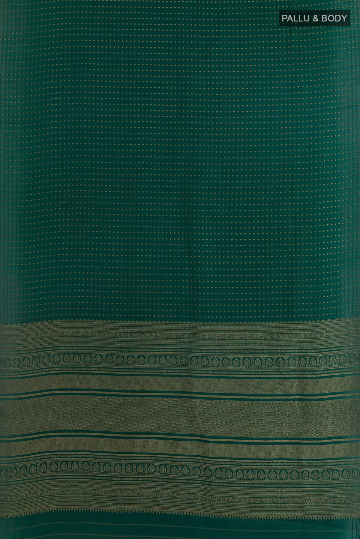 Flat view of Green Mysore Crepe Saree with Zari Butta on the body and Without Border. 