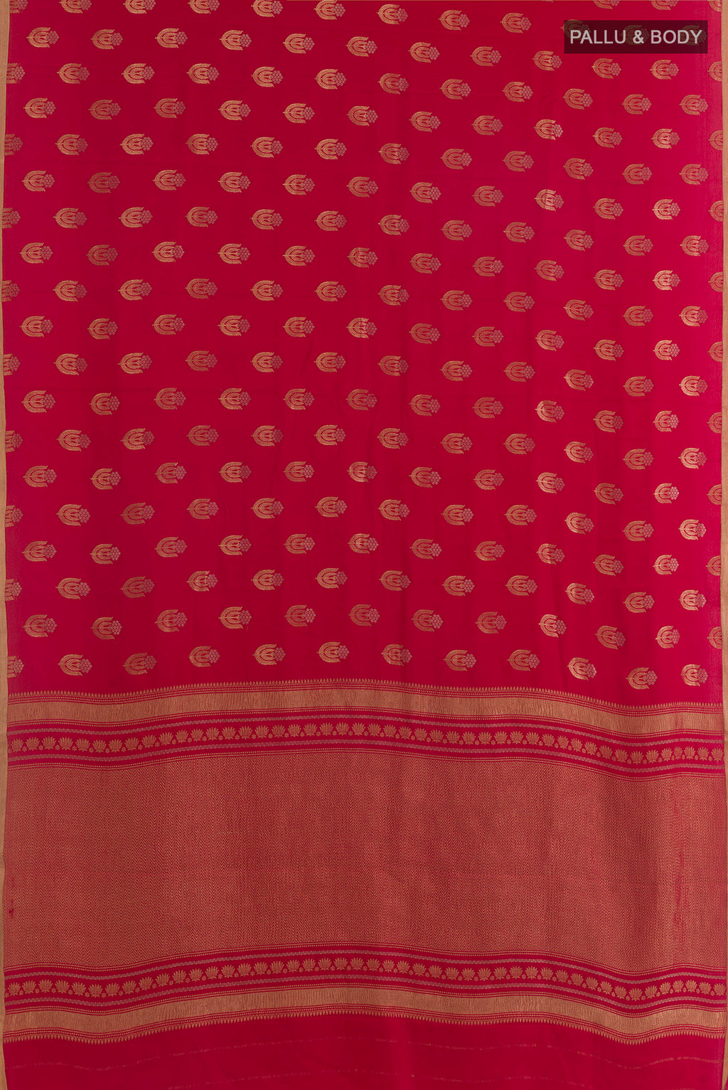 Flat view of Red Mysore Crepe Saree with Zari Butta on the body and Zari Border. 